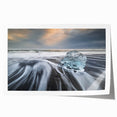 Glacier landscape wall art print showcasing vibrant blues and whites, depicting icy peaks and serene skies, rolled for easy display and shipping.