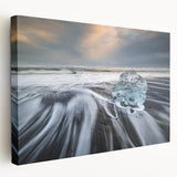 Stretched canvas wall art showcasing a serene glacier landscape with soft blue and white tones, ideal for modern home decor, adding tranquility to any room.