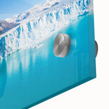 Close-up of a vibrant acrylic glass artwork featuring a stunning glacier landscape design, showcasing intricate details and vivid colors, ideal for modern home decor.