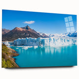Acrylic glass wall art displaying a stunning glacier landscape design, showcasing vibrant blue and white hues. Side view highlights its sleek, modern look suitable for contemporary decor. Perfect for nature enthusiasts and interior design aficionados.