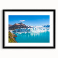 Framed black wall art showcasing a stunning glacier landscape design, featuring vibrant blues and whites, perfect for home decor and nature enthusiasts.