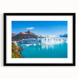 Framed black wall art showcasing a stunning glacier landscape design, featuring vibrant blues and whites, perfect for home decor and nature enthusiasts.