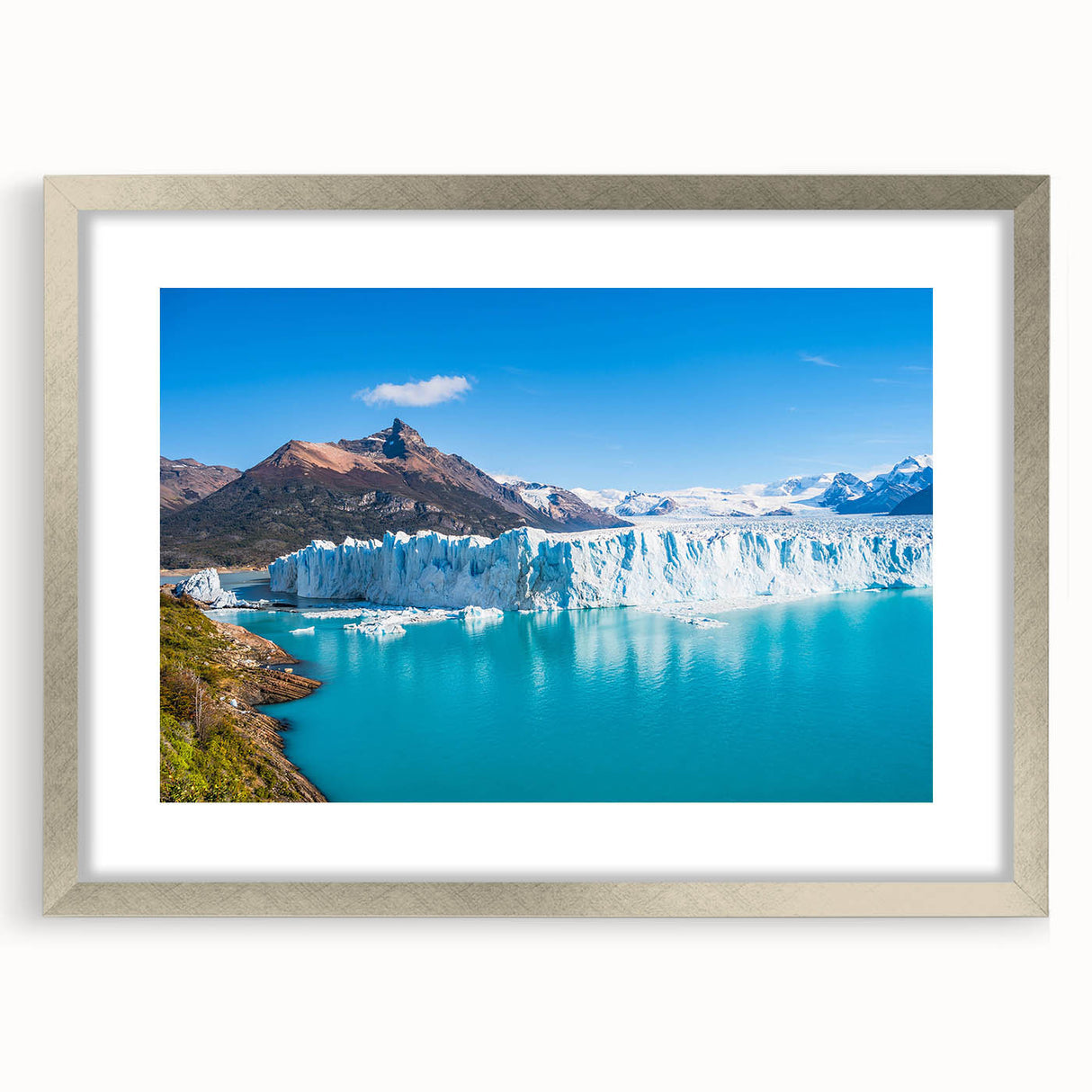 Framed wall art collection showcasing a stunning glacier landscape design with a silver mat, adding elegance to any modern decor. Perfect for nature enthusiasts.