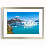 Framed wall art collection showcasing a stunning glacier landscape design with a silver mat, adding elegance to any modern decor. Perfect for nature enthusiasts.