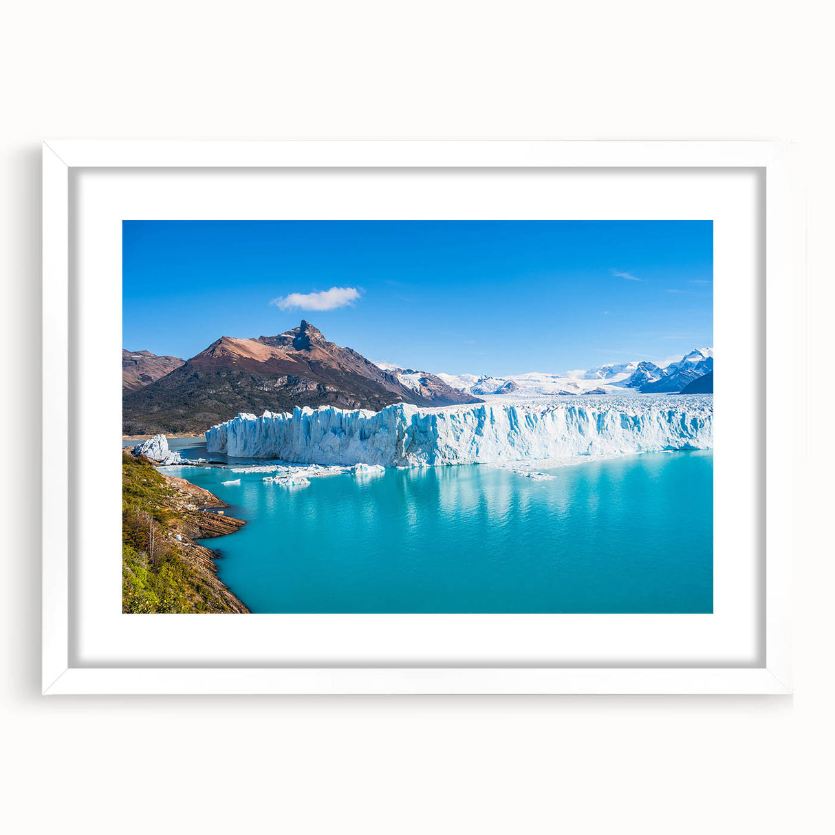 Framed wall art showcasing a stunning glacier landscape design in a white mat, perfect for home decor. This collection adds a serene touch to any room.