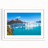 Framed wall art showcasing a stunning glacier landscape design in a white mat, perfect for home decor. This collection adds a serene touch to any room.
