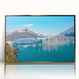 Framed acrylic wall art featuring a stunning glacier landscape design, accented with gold trim, ideal for enhancing modern interiors and creating a serene atmosphere.