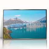 Framed acrylic wall art featuring a stunning glacier landscape design with silver accents, showcasing vibrant blues and whites for a modern aesthetic. Perfect for enhancing home decor.