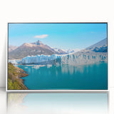 Framed acrylic wall art featuring a stunning glacier landscape design in a white frame, perfect for modern decor. Ideal for adding a serene touch to any room.