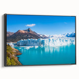 Framed canvas wall art showcasing a stunning glacier landscape design, featuring icy blues and whites, presented in a sleek black frame, ideal for modern decor.