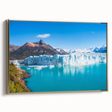 Framed canvas wall art showcasing a stunning glacier landscape design with gold accents, set against a modern decor background, perfect for enhancing home interiors.
