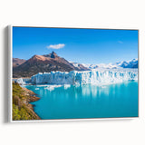 Framed canvas wall art showcasing a stunning glacier landscape design, featuring vibrant blues and whites, perfect for enhancing modern home decor.