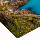 Close-up of a stretched canvas wall art piece featuring a vibrant glacier landscape design, showcasing intricate details and rich colors, perfect for home décor.