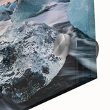 Close-up of a stunning acrylic wall art piece showcasing a vibrant glacier landscape design, featuring shades of blue and white, perfect for modern home decor.