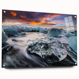 Acrylic glass wall art display featuring a stunning landscape design of a glacier, showcasing vibrant blues and whites, elegantly mounted with decorative pins. Perfect for modern home decor.