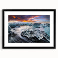 Framed landscape wall art collection featuring a stunning glacier design, black mat and sleek frame emphasizing icy blue and white hues, perfect for modern decor.