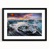 Framed landscape wall art collection featuring a stunning glacier design, black mat and sleek frame emphasizing icy blue and white hues, perfect for modern decor.
