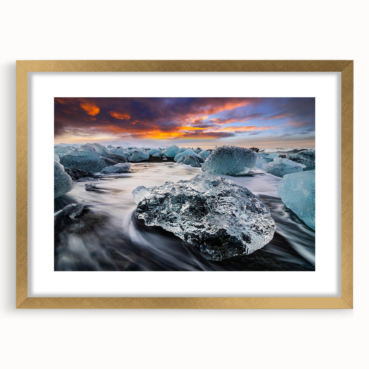 Framed wall art featuring a stunning glacier landscape design in gold, showcasing intricate details and vibrant colors, perfect for modern home decor.