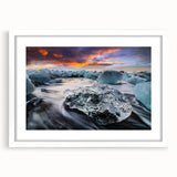 Framed wall art featuring a stunning glacier landscape design, displayed with a white mat, perfect for enhancing home decor with nature-inspired aesthetics.