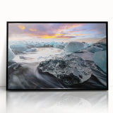 Framed acrylic wall art featuring a stunning glacier landscape design in a sleek black frame, perfect for enhancing modern interior decor with nature's beauty.