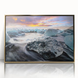 Framed acrylic wall art featuring a stunning glacier landscape design with gold accents, perfect for modern home decor, showcasing cool blue tones and intricate details.