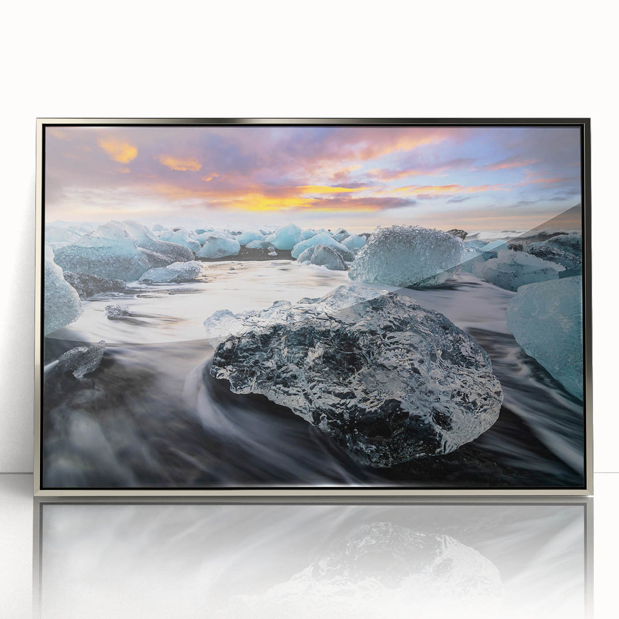 Framed acrylic wall art showcasing a stunning glacier landscape design, featuring silver accents and a contemporary style, perfect for modern home decor.