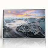 Framed acrylic wall art featuring a stunning glacier landscape design, showcasing vibrant blue and white colors, ideal for modern home decor.