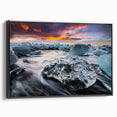 Framed canvas wall art showcasing a stunning glacier landscape design, featuring vibrant blue and white tones, set in a sleek black frame for a modern aesthetic.
