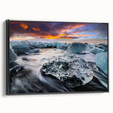 Framed canvas wall art showcasing a stunning glacier landscape design, featuring vibrant blue and white tones, set in a sleek black frame for a modern aesthetic.