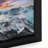 Close-up of a framed canvas featuring a stunning glacier landscape design, showcasing intricate details and vibrant colors, perfect for enhancing modern home decor.