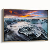Framed canvas wall art showcasing a stunning glacier landscape design with gold accents. Side view highlights its elegant frame, perfect for home décor.
