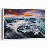 Framed canvas wall art showcasing a stunning glacier landscape design, featuring cool blue and white tones, displayed from a side view against a neutral backdrop.