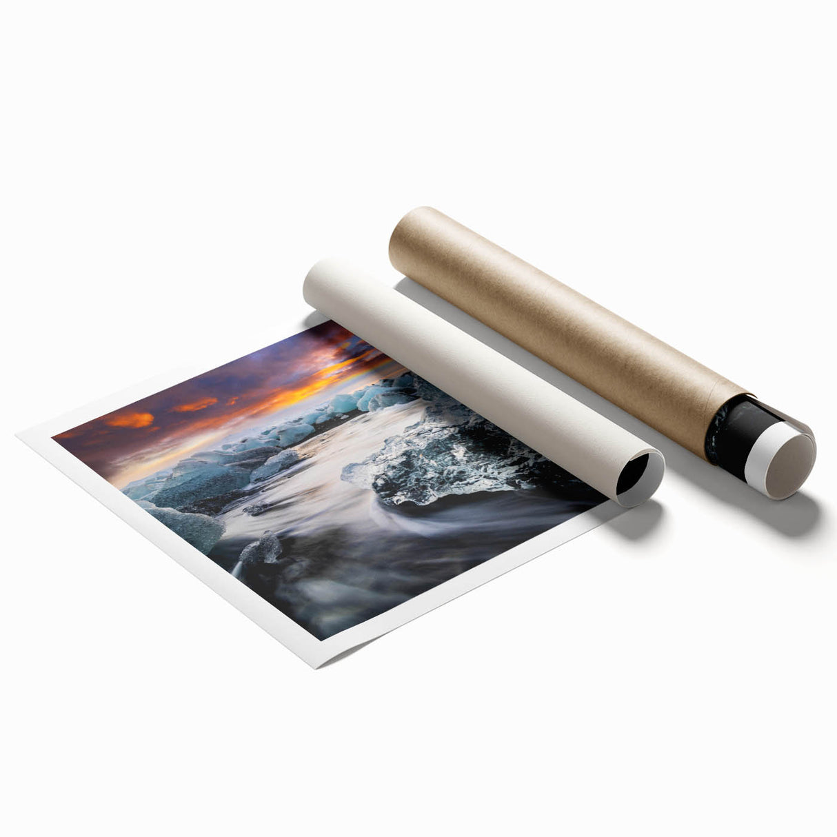 Stunning rolled print showcasing a vibrant glacier landscape design, featuring icy blues and whites, perfect for adding a serene touch to any room decor.