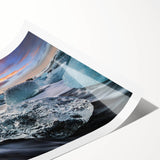 Vibrant rolled print showcasing a stunning glacier landscape design, featuring icy blue hues and intricate details, packaged securely in a protective tube for art enthusiasts.