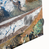 Close-up of a stunning acrylic glass wall art piece showcasing a vibrant glacier landscape design with intricate details, perfect for modern home decor.
