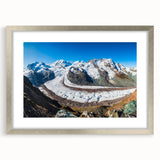 Framed landscape wall art featuring a stunning glacier design, set in a sleek silver frame with a mat, ideal for modern home decor. Perfect for adding a serene touch to any room.