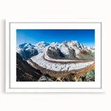 Framed wall art featuring a stunning glacier landscape design with a white mat and sleek black frame, perfect for modern home decor and nature enthusiasts.