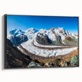 Framed canvas wall art showcasing a stunning glacier landscape design with a sleek black frame, perfect for enhancing modern home decor. The side view highlights its elegant finish and vibrant colors, making it an ideal focal point for living spaces.