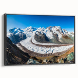 Framed canvas wall art showcasing a stunning glacier landscape design with a sleek black frame, perfect for enhancing modern home decor. The side view highlights its elegant finish and vibrant colors, making it an ideal focal point for living spaces.