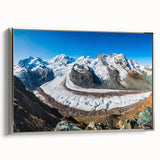 Framed canvas wall art showcasing a stunning glacier landscape design with silver accents, perfect for modern home decor. Side view highlights its elegant finish and texture.