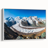 Framed canvas wall art showcasing a stunning glacier landscape design with vibrant blues and whites, elegantly displayed from a side view to highlight its depth and texture.
