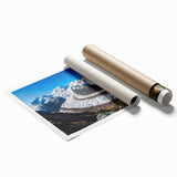 Vibrant rolled print showcasing a stunning glacier landscape design, featuring icy blues and whites, ideal for modern decor. Packaged securely in a cardboard tube.