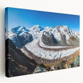 Stretched canvas wall art showcasing a stunning glacier landscape design, featuring vivid blue and white hues, ideal for modern home decor. Perfect for adding a serene touch to any room.