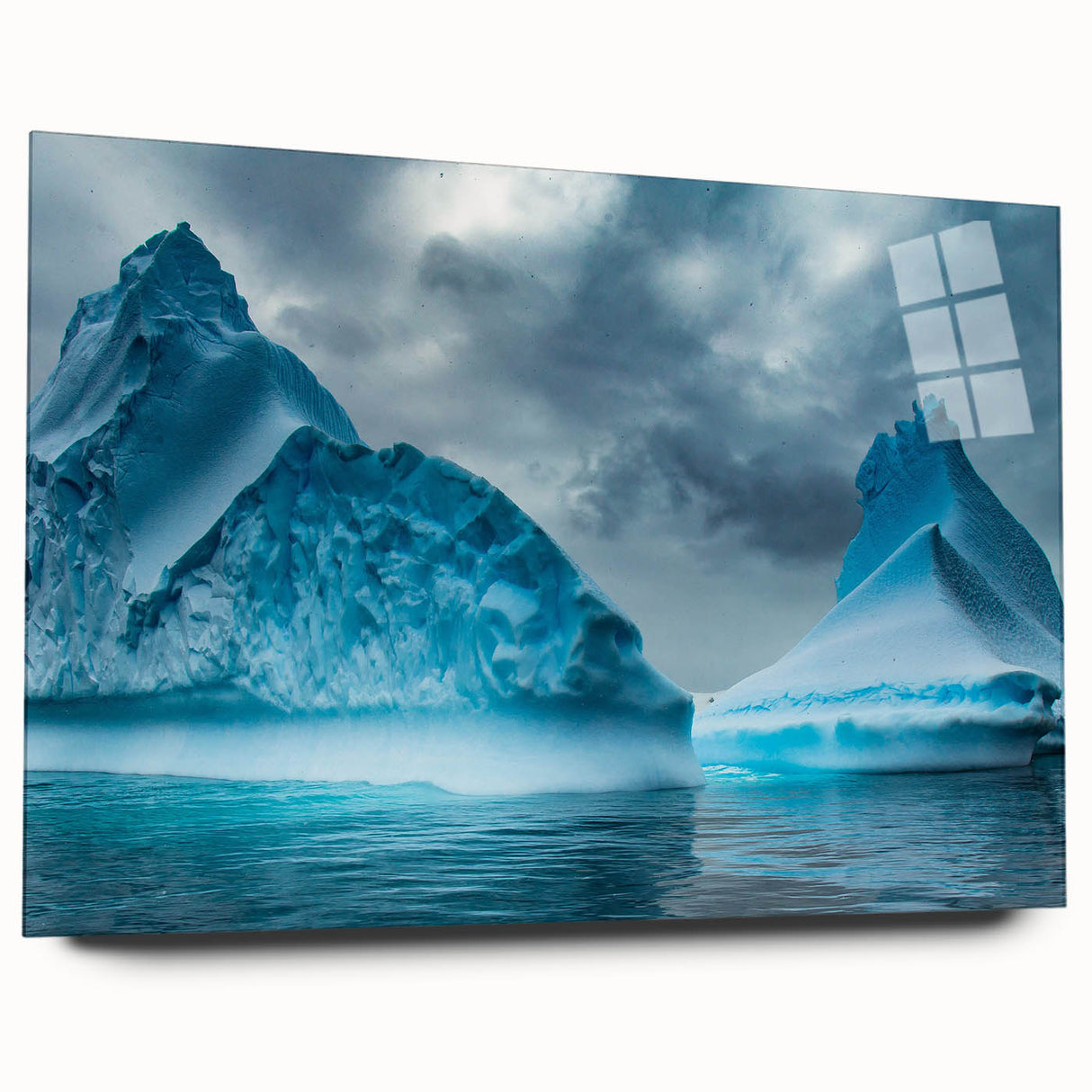 Acrylic glass wall art showcasing a stunning glacier landscape design, side view displaying vibrant blues and whites, perfect for modern home decor.