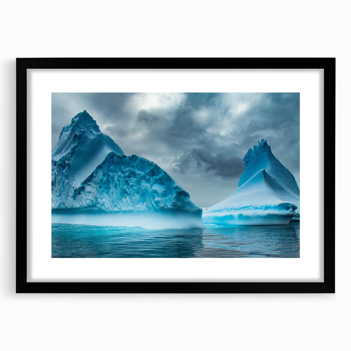 Framed black wall art featuring a stunning glacier landscape design, complete with a mat for a polished look, ideal for modern home decor.