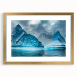 Elegant landscape wall art featuring a glacier design framed in gold, showcasing a serene and icy blue color palette. Perfect for modern home decor.