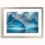 Framed landscape wall art collection showcasing a glacier design, featuring a sleek silver mat and frame, perfect for contemporary home decor.