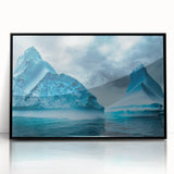 Framed acrylic wall art featuring a stunning glacier landscape design with vibrant blues and whites, set in a sleek black frame for modern decor. Perfect for enhancing any living space or office with a touch of nature-inspired elegance.