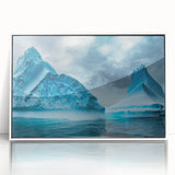 Framed acrylic wall art featuring a stunning glacier landscape design, showcasing shades of blue and white in a modern white frame, perfect for contemporary decor.