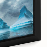 Close-up of a framed canvas wall art piece showcasing a stunning glacier landscape design, featuring icy blues and whites that evoke a serene winter ambiance, perfect for home decor.